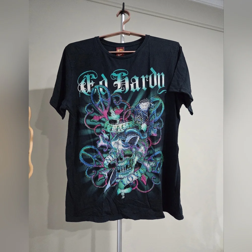 Ed Hardy Black Graphic Embellished Rhinestone T-Shirt for Men Sz.L - Picture 1 of 10